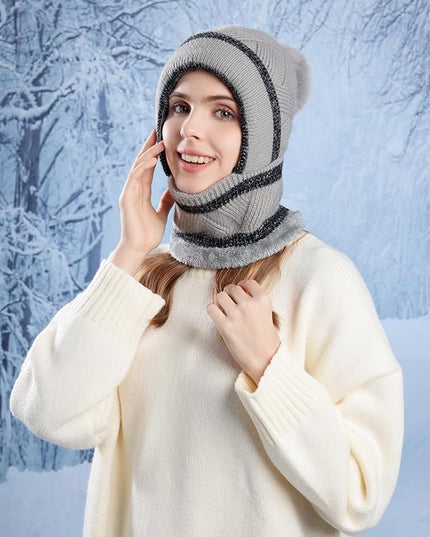HUAMULAN Women Winter Beanie Hats One Piece Fleece Lined Knit Balaclavas Mask Set Skull Neck Circle Scarf Ski Snow Hat Pompom