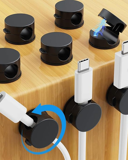 AGPTEK 8 Pack Magnetic Cable Clips, Upgraded 360° Rotatable Cord Holder Clips for Nightstand, Desk Cord Organizer Adhesive Wire Management Home Office Phone Charging Cords USB Cable Keeper (Black)
