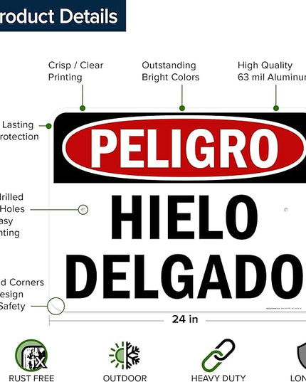 Danger Thin Ice Spanish Sign, 18x24 Inches, Rust Free .063 Aluminum, Fade Resistant, Made in USA by My Sign Center