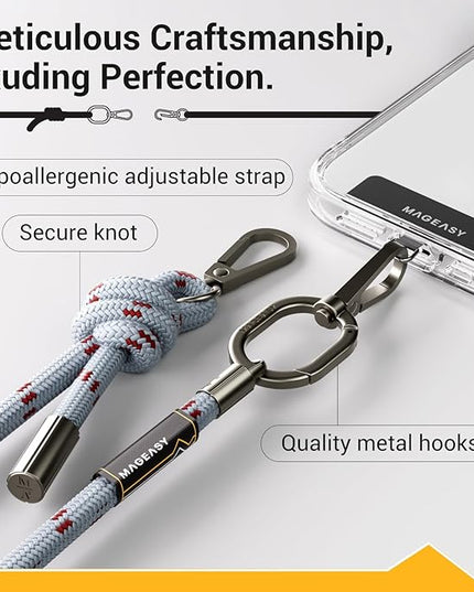 MAGEASY Universal Cell Phone Lanyard - Anti-Theft Thick Rope Crossbody Phone Strap for iPhone 17 Pro Max & Most Smartphones, for Men & Women | 8.3mm Misty Blue/Red
