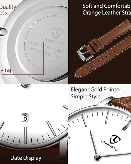 L LAVAREDO Watch for Men, Extremely Thin Mens Watches Minimalist Analog Men's Leather Wrist Watches with Time/Date, Birthday Gift for Men Boyfriend