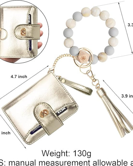 Multi-Purpose Wallet High Capacity Card Holder Zipper Coin Purse with Wristlet Bracelet Keychain Silicone Beaded Bangle Key Ring