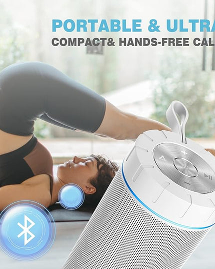 comiso X26 Bluetooth Speaker, IPX4 Waterproof Speakers 360° HD Surround Sound with Punchy Bass, Wireless Dual Pairing, 24H Playtime, Portable Speaker for Shower, Home, Outdoor, Camping, Beach-White