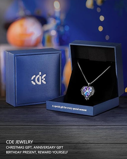 CDE Christmas Gifts for Women Angel Wings Necklace for Women with Birthstone, Love Heart Silver Tone/Gold Tone Pendant, Ideal Anniversary or Birthday Jewelry Gifts for Wife Girlfriend Her