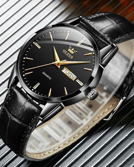 OLEVS Watches for Men Brown Leather Gold Case Analog Quartz Fashion Business Dress Watch Day Date Luminous Waterproof Casual Male Wrist Watches