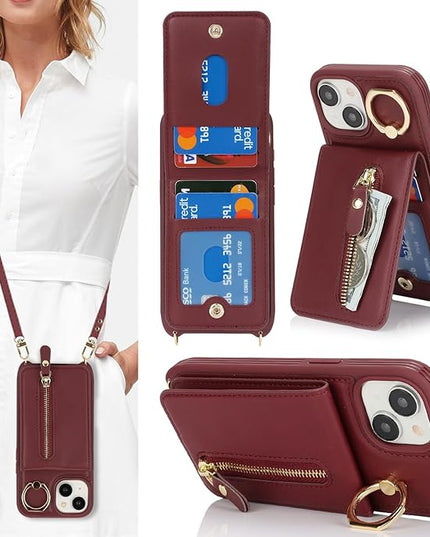 for iPhone 15 Wallet Case with Card Holder, for iPhone 15 Case Wallet with Strap Credit Card Slot, Crossbody Bag with Zipper Case for iPhone15 - Red Wine
