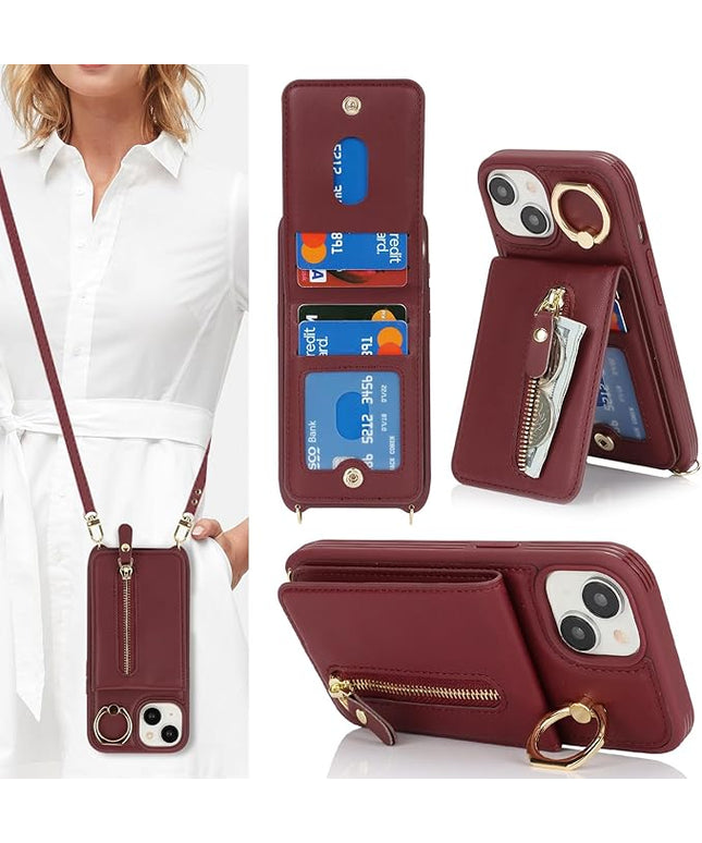 for iPhone 15 Wallet Case with Card Holder, for iPhone 15 Case Wallet with Strap Credit Card Slot, Crossbody Bag with Zipper Case for iPhone15 - Red Wine