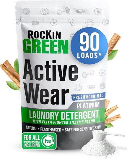 Rockin' Green Laundry Detergent, Plant based, All Natural Laundry Detergent Powder, Vegan and Biodegradable Odor Fighter, Safe for Sensitive Skin (Active Wear 90 Loads - Freshwood Mac)