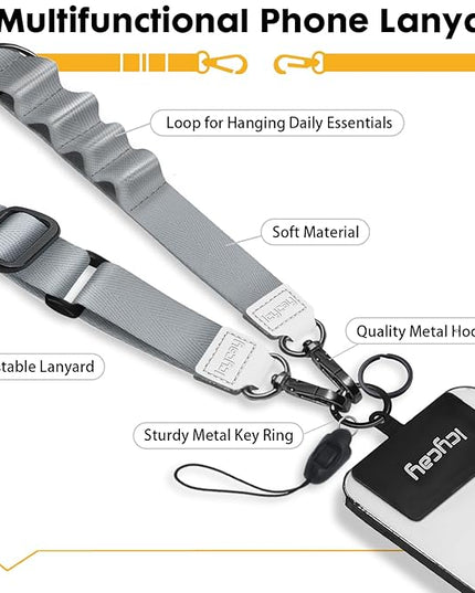 Phone Lanyard Crossbody, Silver Gray Cell Phone Strap for Around The Neck Adjustable, Anti Theft Cute Lanyard for iPhone Case ID Holder Keys Accessories Travel Essential