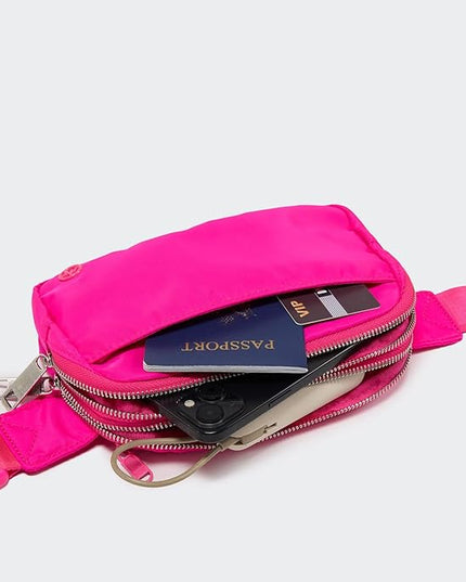 Pander Everywhere Belt Bag for Women, 5 Zipper Pockets Nylon Crossbody Fanny Pack Purse (Sonic Pink).