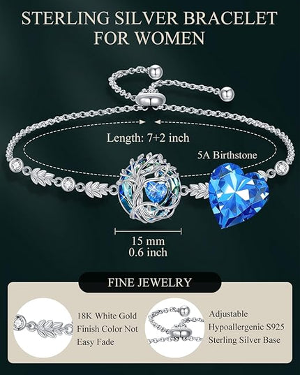 TOUPOP Tree of Life Birthstone Bracelet 925 Sterling Silver Family Tree Austrian Crystal Jewelry Anniversary Birthday Christmas Gifts for Women Wife Girlfriend Her