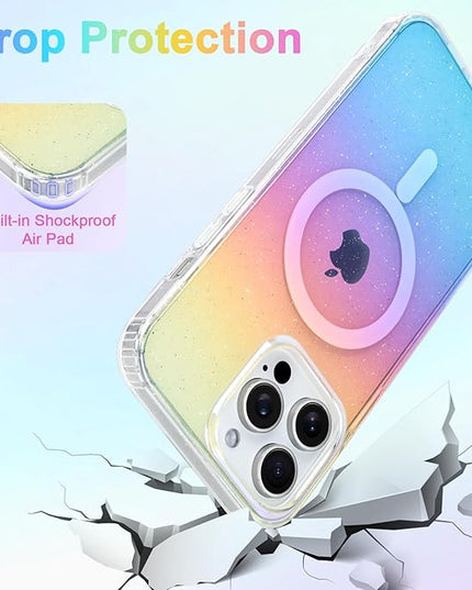 Glitter Case for iPhone 13 Pro Case for Women Girls [ Compatible with Magsafe ] Clear Cute Girly Aesthetic Iridescent Rainbow Sparkly Bling Magnetic Phone Cover, Gradient Blue & Pink
