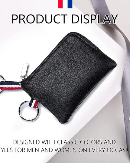 Plinvo Mini Genuine Leather Wallet Coin Purse with Dual Keyrings Compact Change Pouch and Card Holder for Men and Women (Black)