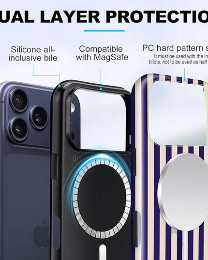 Magnetic for iPhone 17 Pro Max Case Cute Stripes Phone Case, Shockproof Slim TPU and Hard PC Protective Phone Cover Compatible with MagSafe Designed for Women Girls, Deep Purple