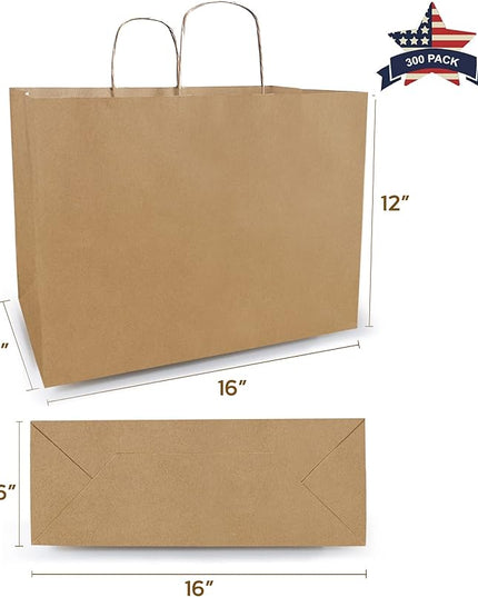 Qutuus Large Kraft Paper Shopping Bags with Handles Bulk - 16x6x12 Inch 300 Pcs Brown Paper Sacks, Kraft Bags for Gift Packaging Small Business Boutiques Retail Stores Grocery Merchandise