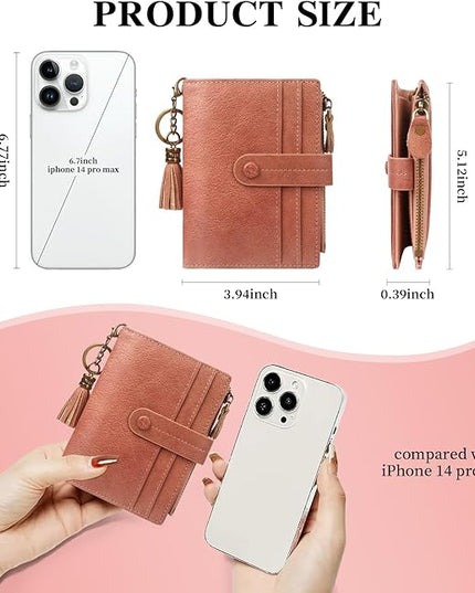 Blucoay Leather Wallet Women,RFID Blocking Small Wallets for Women Bifold Compact Card Holder With Zipper Coin Pocket ID Window Pink