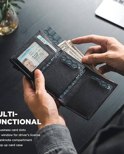 VULKIT Pop up Card Wallet Minimalist Cash Wallets RFID Blocking Leather Smart Credit Card Holder with ID window for Men(Cross Black)