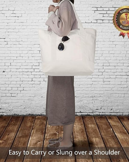 TOPDesign 3-Pack Canvas Tote Bags with an External Pocket, Reusable Grocery Shopping Bags, Top Zipper Closure, Daily Essentials (Natural)