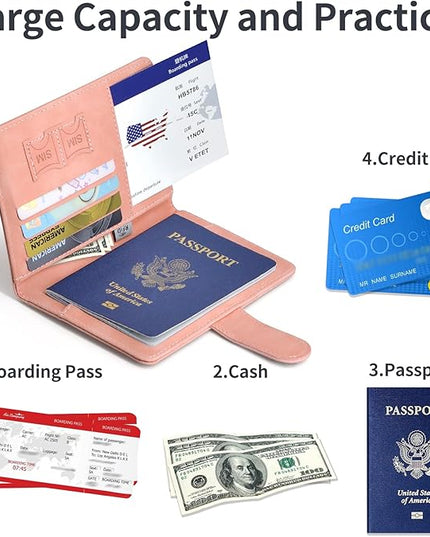 Passport Holder, Passport Cover with Credit Card Slot and Boarding Pass Slot Combo, Passport Wallet Case Book Travel Must Have, RFID Blocking Leather Travel Accessories, Pink