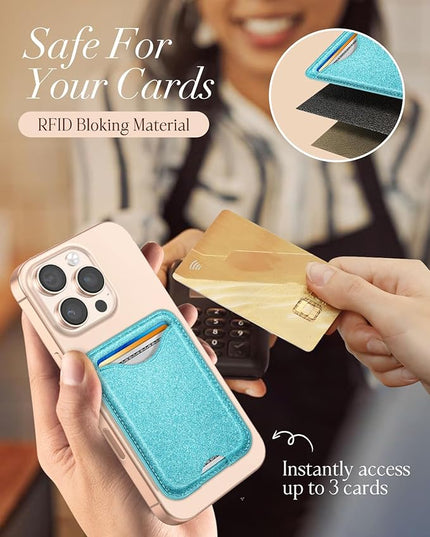 Shorogyt Compatible with Magsafe Wallet Magnetic Card Holder - Glitter Light Blue Phone Wallets for Women Teen Girls for iPhone 17/16/15/14/13/12 Series Slim for Apple Mag RFID Magnet, Fit 3 Cards