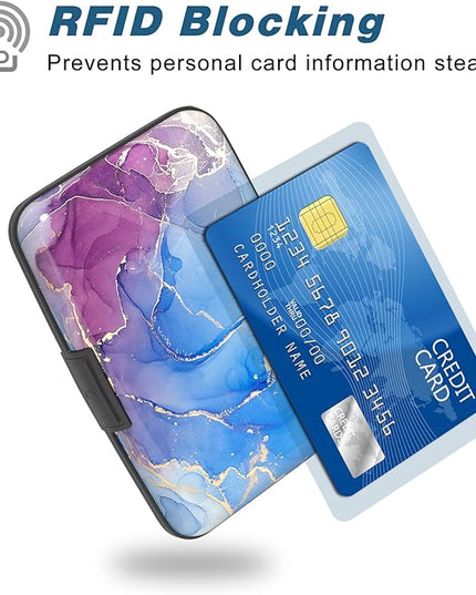 Atufsuat Credit Card Holder, Mini Aluminum Card Wallet RFID Blocking Slim Metal Hard Card Case for Women Men, Blue Purple Marble