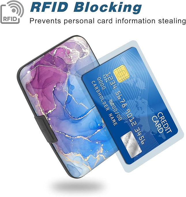 Atufsuat Credit Card Holder, Mini Aluminum Card Wallet RFID Blocking Slim Metal Hard Card Case for Women Men, Blue Purple Marble