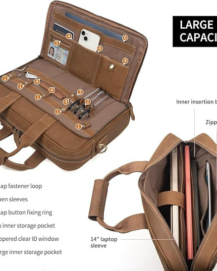 Augus Leather Messenger Bag for Men Vintage Travel Backpack 17 inch laptop Briefcase Shoulder Bags