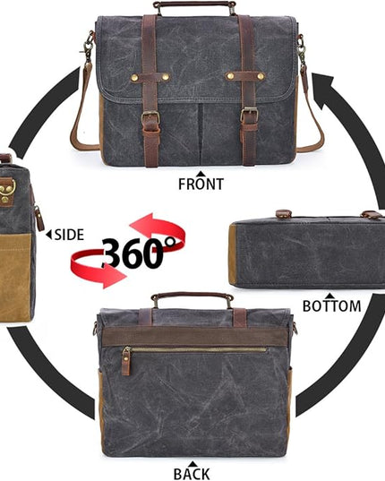 Mens Messenger Bag 15.6 Inch Waterproof Vintage Genuine Leather Waxed Canvas Briefcase Large Satchel Shoulder Bag Rugged Leather Computer Laptop Bag, Grey