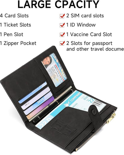 RFID Blocking Leather Passport Wallet Cover Case with Pen and Card Slots Travel Wallet for Women/Men Travel Must Haves Accessories