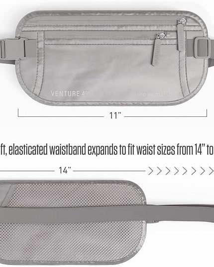 VENTURE 4TH Money Belt for Travel – Hidden Under-Clothes RFID Blocking Passport Holder & Slim Travel Wallet Pouch for Men & Women to Protect Cash, Cards & Documents (Sleek Silver)