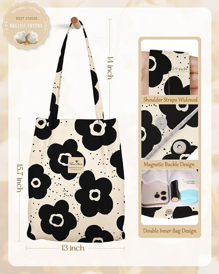 Aesthetic 2 Pack Corduroy Tote Bag - with Makeup Pouch Bag for Women Reusable Grocery Bag for Gym, Travel, Work