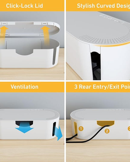 D-Line Cable Management Box, Power Strip Holder, Floor Outlet Hider, Desk Cord Organizer, Cover TV Wires, 12.75" (L) x 5" (W) x 4.5" (H), for use with Power Strips up to 10.5in Length - Small, White