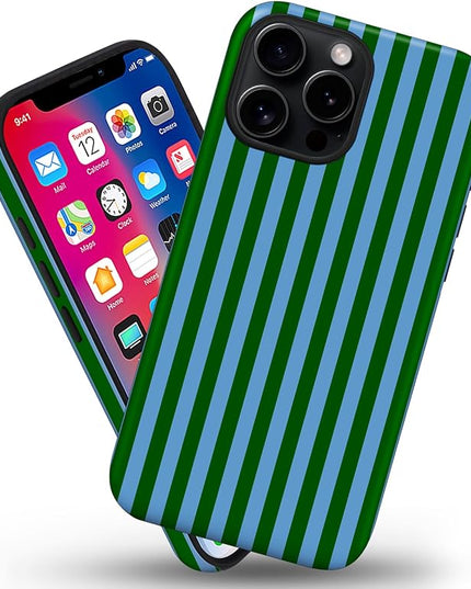 Magnetic for iPhone 13/14 Case Cute Stripes Phone Case, Shockproof Slim TPU and Hard PC Protective Phone Cover Compatible with MagSafe Designed for Women Girls, Green and Blue