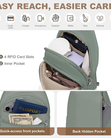 Sling Bag for Women, Anti-Theft RFID Crossbody Bag Nylon Sling Purse for Travel, Puffy Small backpack for Daily Hiking Sports Green