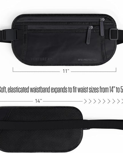 VENTURE 4TH Money Belt for Travel – Hidden Under-Clothes RFID Blocking Passport Holder & Slim Travel Wallet Pouch for Men & Women to Protect Cash, Cards & Documents (Sleek Black)
