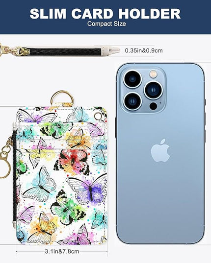 Slim Wallet Credit Card Holder, Watercolor Butterfly, RFID Wallet Women Cute Small Front Pocket Wallet With Zipper, PU Leather Thin travel RFID Blocking Card Case ID Window,Ladies Gifts