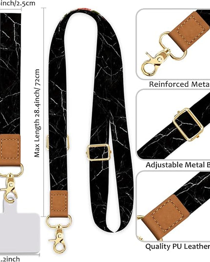 Phone Lanyard Crossbody Wrist Strap, Black Marble Adjustable Cell Phone Lanyard Wristlet Strap with 2 Tether Tabs for Women ID Badges Accessories