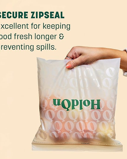 HoldOn Zipseal Gallon Bags - Compostable, PFOA-Free, BPA-Free, Food-Safe Zip Seal Food Storage Bags/Freezer-Safe Gallon Bags With Secure Seal for Home & Travel (25 bags total)