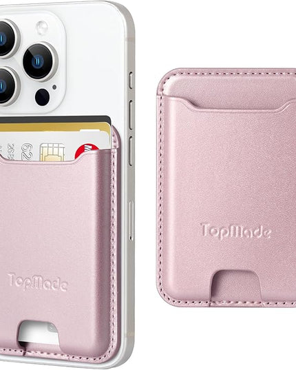 TopMade Phone Card Holder, Premium Leather Phone Wallet Stick on, Stronger 3M Adhesive Credit Card Holder for Back of Phone Case, iPhone, Samsung, and Android, RFID Blocking, Fit 4 Cards, Rose Gold