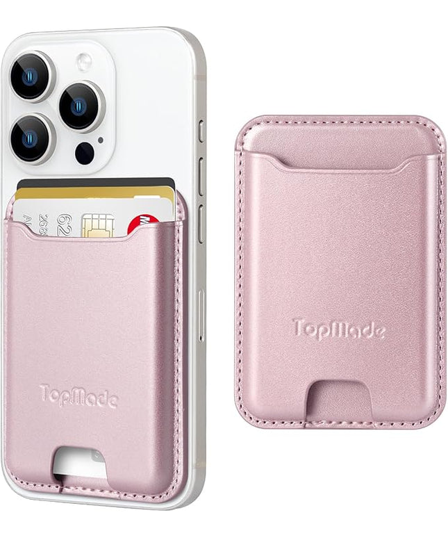 TopMade Phone Card Holder, Premium Leather Phone Wallet Stick on, Stronger 3M Adhesive Credit Card Holder for Back of Phone Case, iPhone, Samsung, and Android, RFID Blocking, Fit 4 Cards, Rose Gold