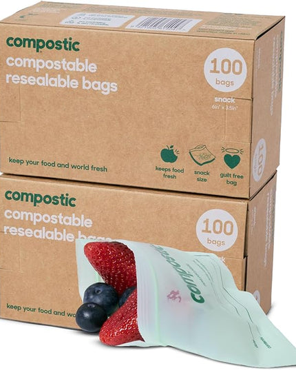 Compostic Home Compostable Resealable Snack Bags, Microwave & Freezer Safe, Organic Food Storage Container, 180 Count + 20 Bonus Bags