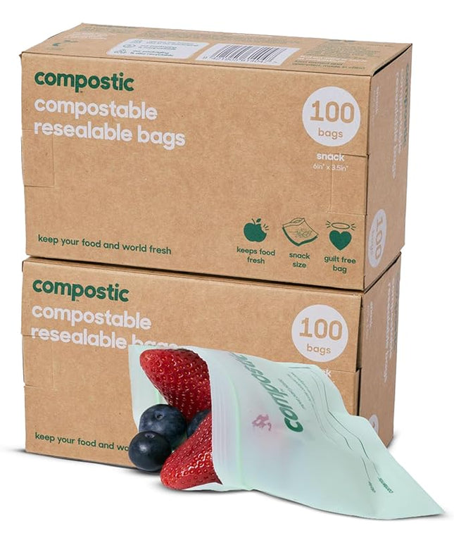 Compostic Home Compostable Resealable Snack Bags, Microwave & Freezer Safe, Organic Food Storage Container, 180 Count + 20 Bonus Bags