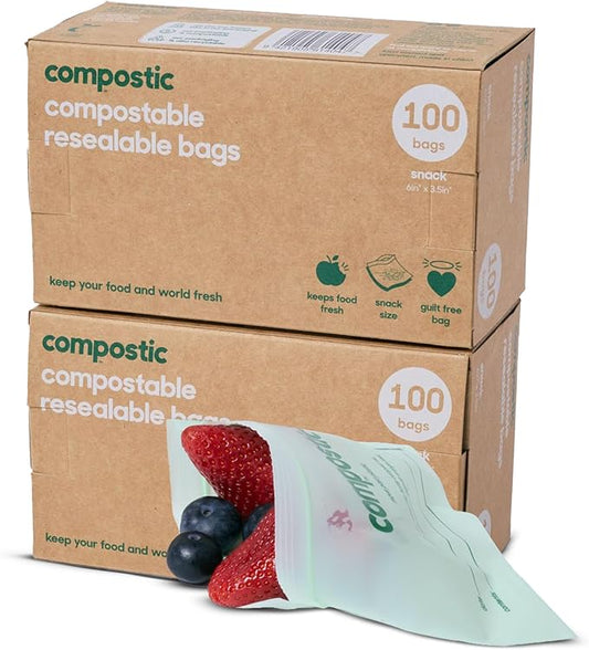 Compostic Home Compostable Resealable Snack Bags, Microwave & Freezer Safe, Organic Food Storage Container, 180 Count + 20 Bonus Bags