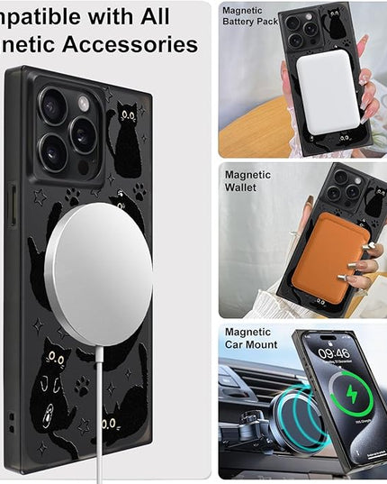 Cute Case for iPhone 15 Pro Case for Women Girls Boys [Compatible with Magsafe] Kawaii Black Cats Cat Pattern Design, Aesthetic Girly Animal Rectangle Magnetic Protective Phone Cover
