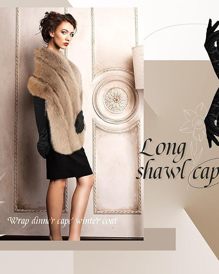 Zhanmai 2 Pcs Winter Long Shawl Cloak Stretchy Glove Opera Bridal Dance Gloves for Women Dress Party Coat