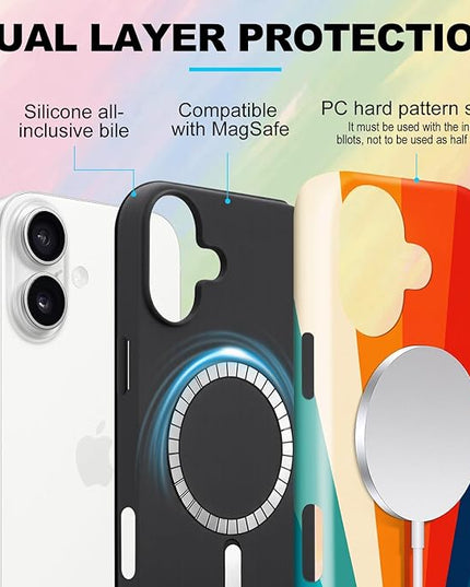 Magnetic for iPhone 16 Case Cute Frog Stripes Phone Case, Summer Shockproof Slim TPU and Hard PC Protective Phone Cover Compatible with MagSafe Designed for Women Girls