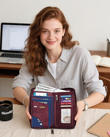 Family Passport Holder Wallet with Zipper, RFID Blocking Travel Document Organizer, PU Leather Passport Wallet for Women Men, Passport Cover Travel Wallet for Boarding Pass, ID, Money, Tickets