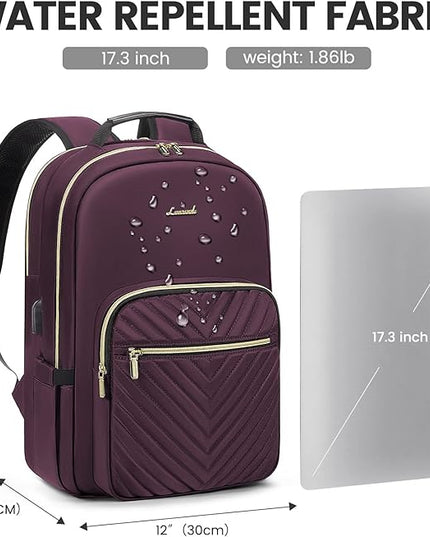LOVEVOOK Laptop Backpack for Women 17.3 inch,Cute Womens Travel Backpack Purse,Professional Laptop Computer Bag,Waterproof Work Business College Teacher Bag Carry on Backpack with USB Port,Deep Purple