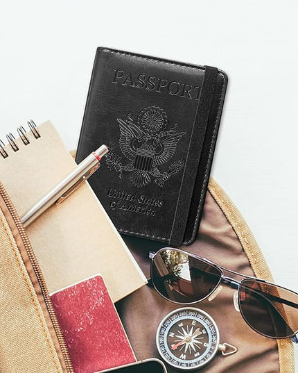 ACdream Passport Holder Cover, Leather Travel Wallet Case, RFID Blocking Document Organizer Protecrtor, with Slots for Credit Cards, Boarding Pass, for Women and Men, Black