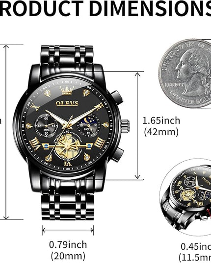 OLEVS Mens Watches Chronograph Watch Luxury Dress Stainless Steel Waterproof Watches for Men Moon Phase Luminous Business Calendar Wrist Watch Blue/Black/Green/Gold/Face
